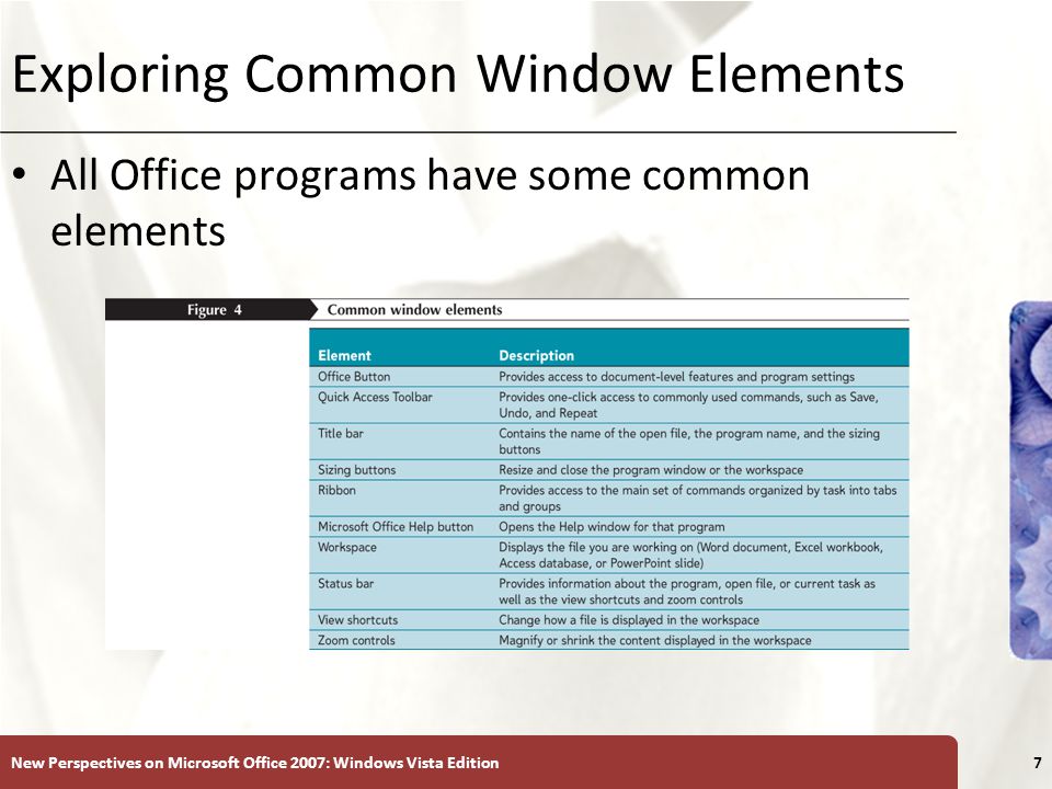XP Exploring Common Window Elements All Office programs have some common elements New Perspectives on Microsoft Office 2007: Windows Vista Edition7