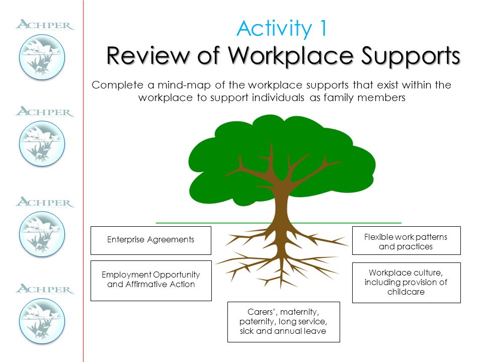 Flexible work patterns and practices Workplace culture, including provision of childcare Carers’, maternity, paternity, long service, sick and annual leave Enterprise Agreements Employment Opportunity and Affirmative Action Complete a mind-map of the workplace supports that exist within the workplace to support individuals as family members Review of Workplace Supports Activity 1 Review of Workplace Supports