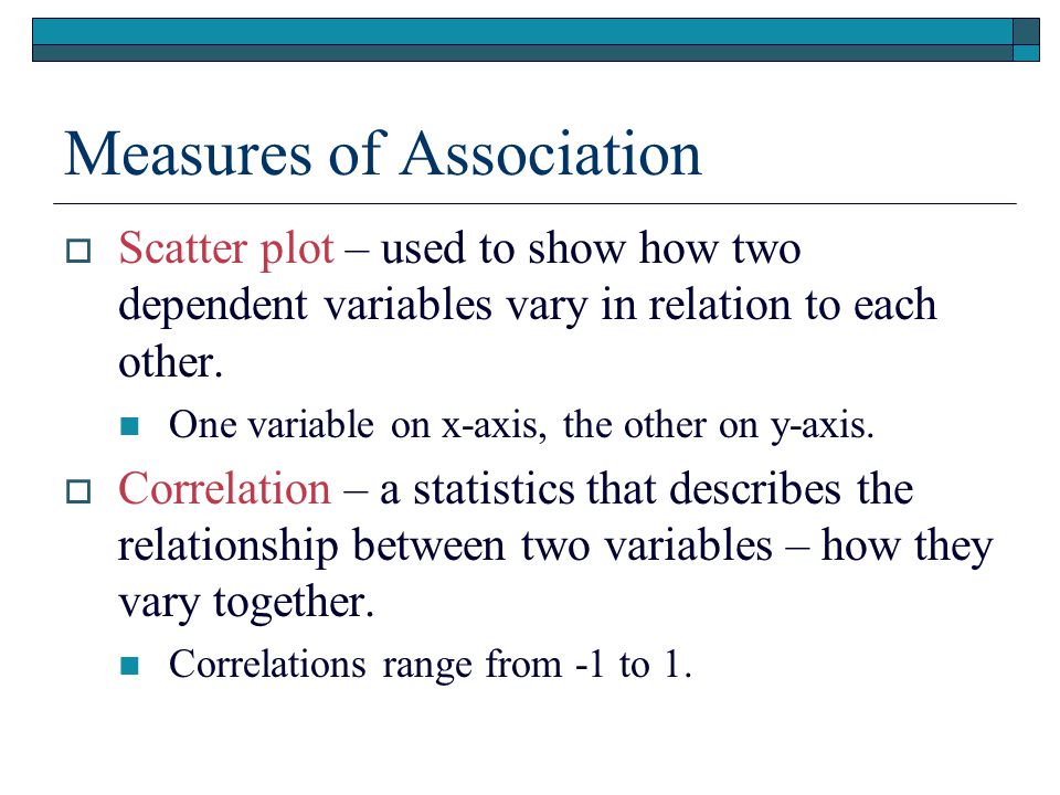 Measures of Association  Scatter plot – used to show how two dependent variables vary in relation to each other.