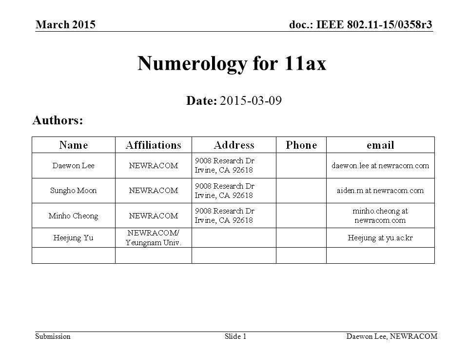 doc.: IEEE /0358r3 Submission March 2015 Daewon Lee, NEWRACOM Numerology for 11ax Date: Authors: Slide 1