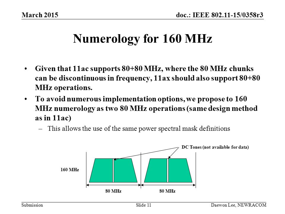 doc.: IEEE /0358r3 Submission Numerology for 160 MHz Given that 11ac supports MHz, where the 80 MHz chunks can be discontinuous in frequency, 11ax should also support MHz operations.