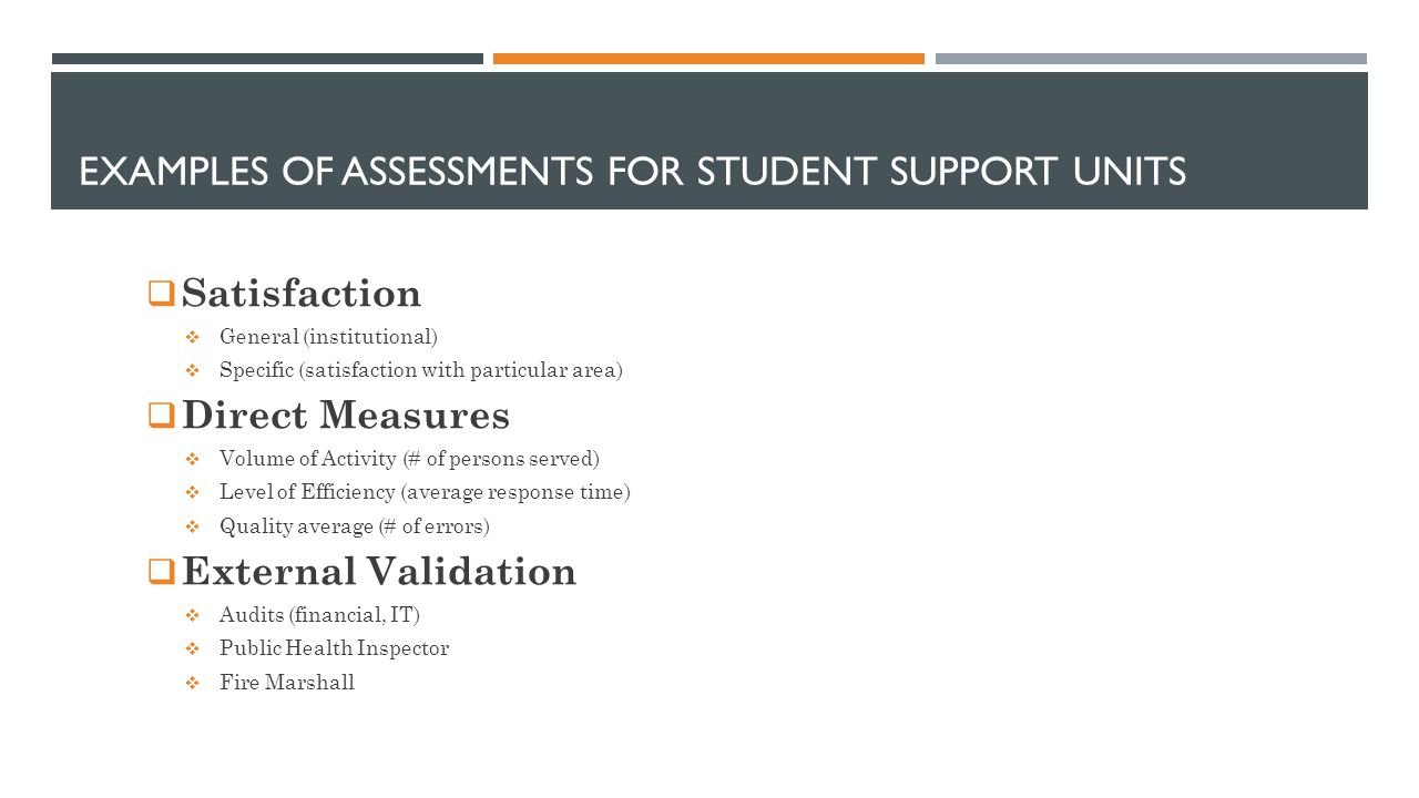 EXAMPLES OF ASSESSMENTS FOR STUDENT SUPPORT UNITS  Satisfaction  General (institutional)  Specific (satisfaction with particular area)  Direct Measures  Volume of Activity (# of persons served)  Level of Efficiency (average response time)  Quality average (# of errors)  External Validation  Audits (financial, IT)  Public Health Inspector  Fire Marshall