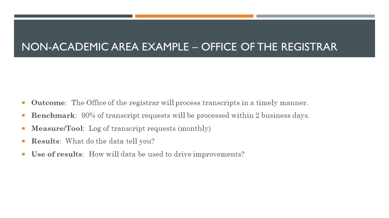 NON-ACADEMIC AREA EXAMPLE – OFFICE OF THE REGISTRAR  Outcome : The Office of the registrar will process transcripts in a timely manner.