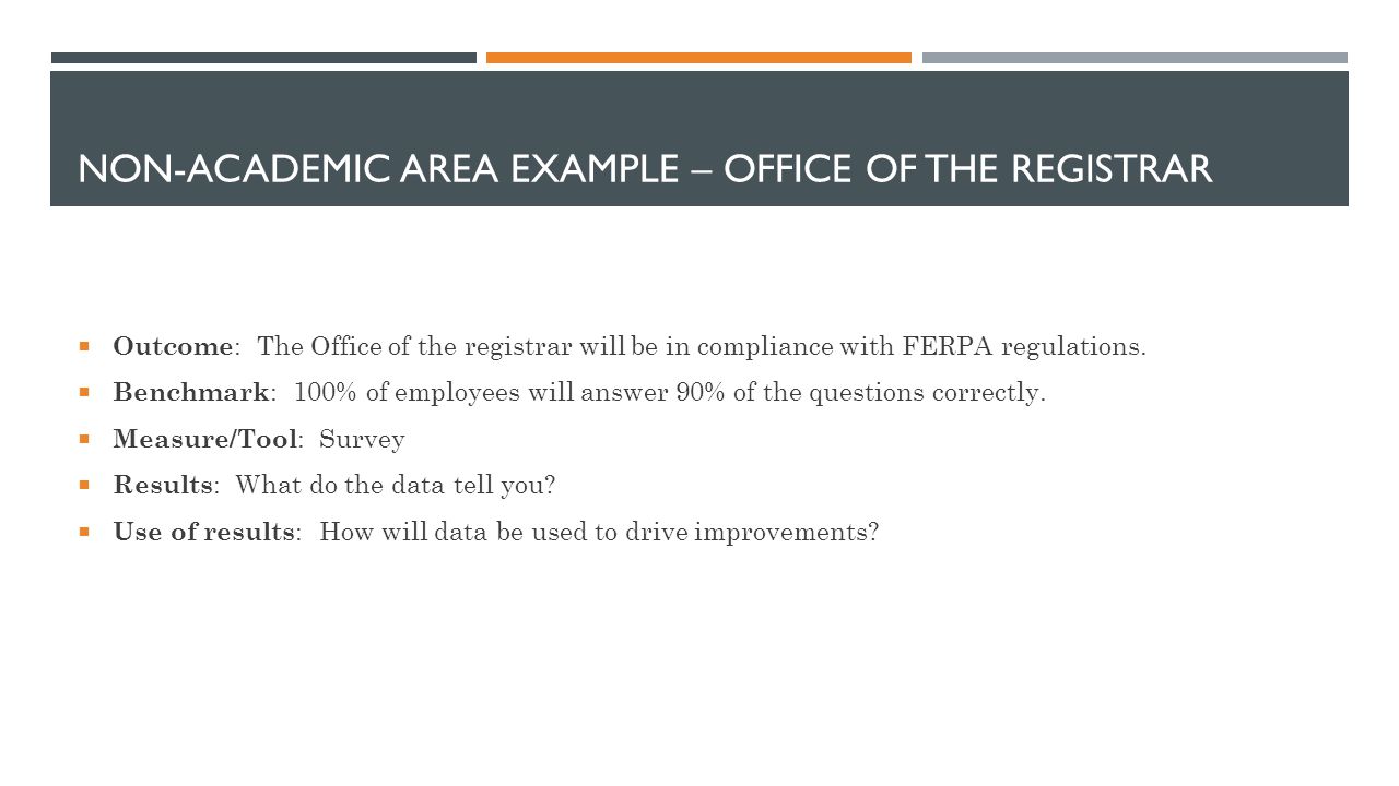 NON-ACADEMIC AREA EXAMPLE – OFFICE OF THE REGISTRAR  Outcome : The Office of the registrar will be in compliance with FERPA regulations.
