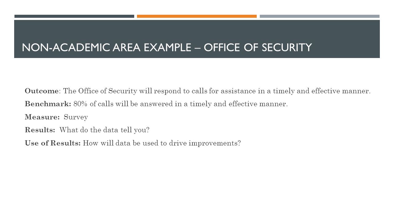 NON-ACADEMIC AREA EXAMPLE – OFFICE OF SECURITY Outcome : The Office of Security will respond to calls for assistance in a timely and effective manner.