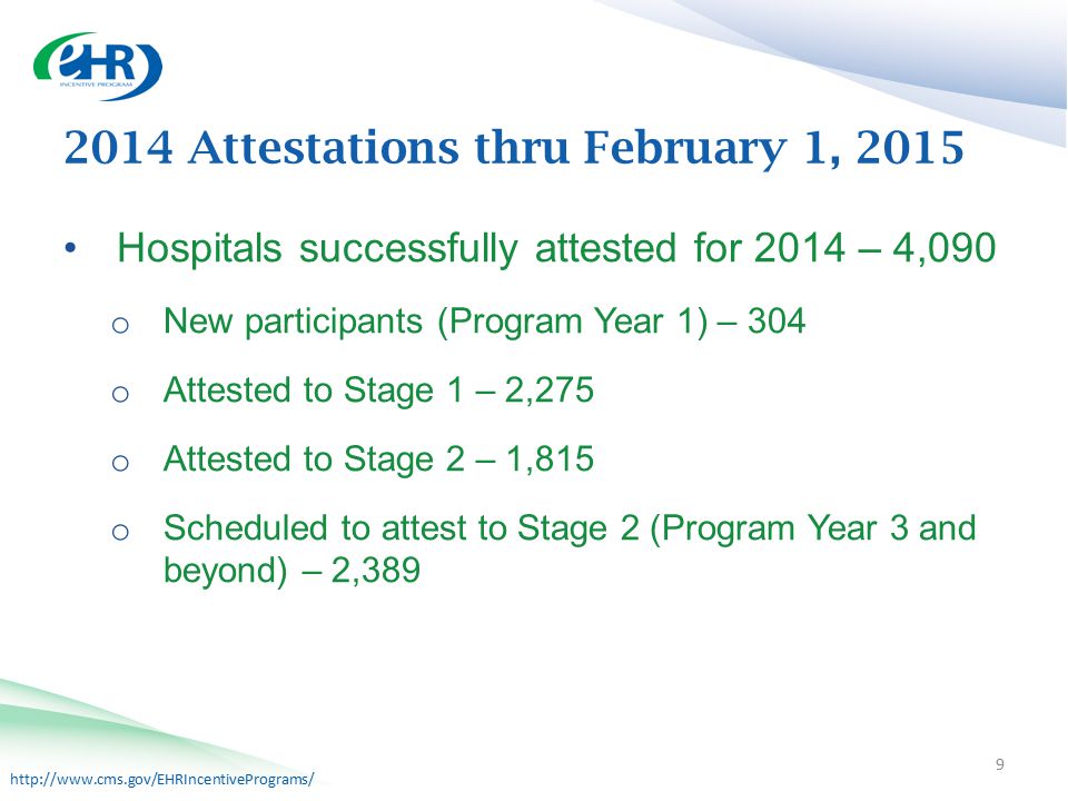Hospitals successfully attested for 2014 – 4,090 o New participants (Program Year 1) – 304 o Attested to Stage 1 – 2,275 o Attested to Stage 2 – 1,815 o Scheduled to attest to Stage 2 (Program Year 3 and beyond) – 2, Attestations thru February 1, 2015