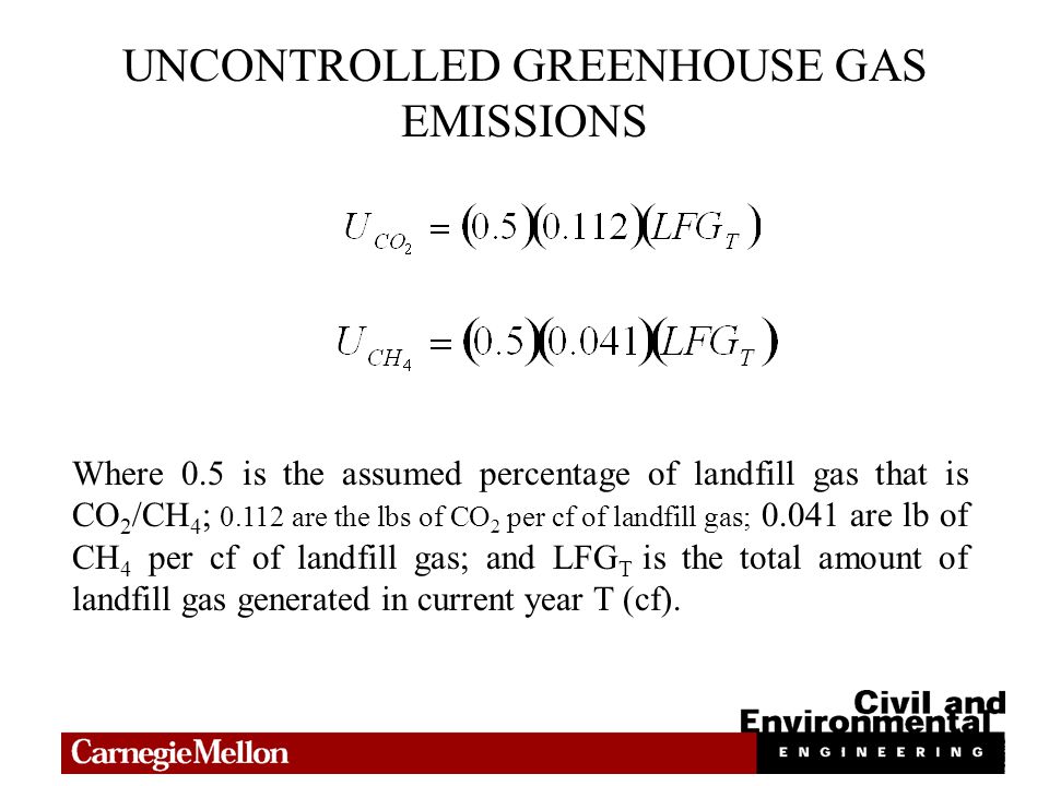 UNCONTROLLED GREENHOUSE GAS EMISSIONS Where 0.5 is the assumed percentage of landfill gas that is CO 2 /CH 4 ; are the lbs of CO 2 per cf of landfill gas; are lb of CH 4 per cf of landfill gas; and LFG T is the total amount of landfill gas generated in current year T (cf).