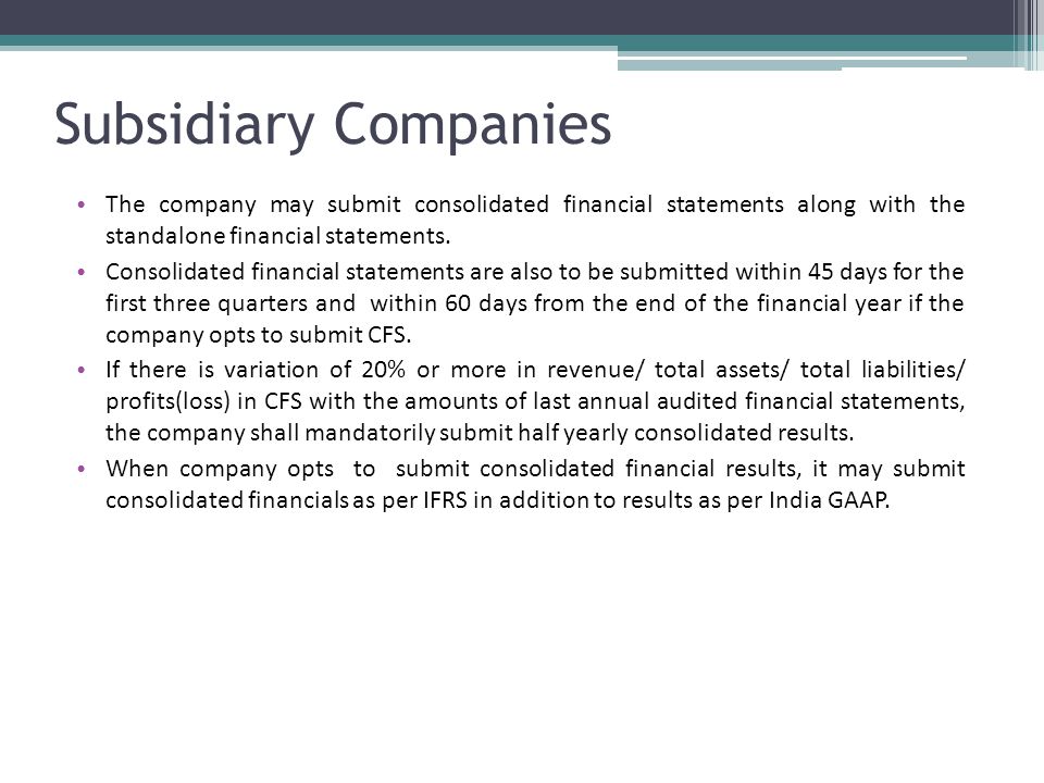 Subsidiary Companies The company may submit consolidated financial statements along with the standalone financial statements.