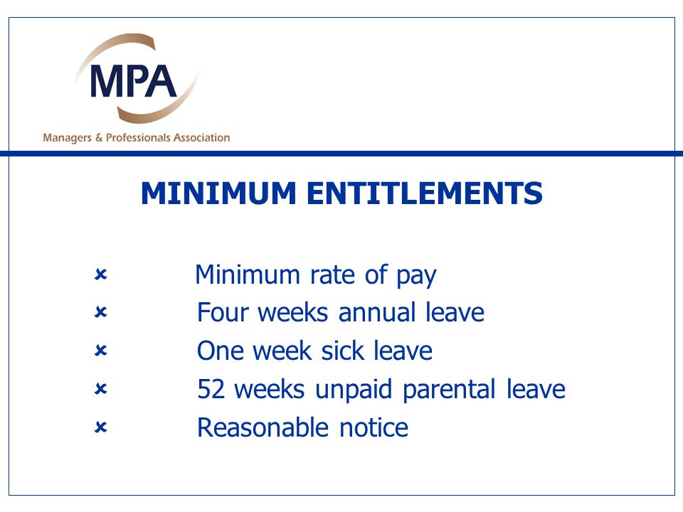 MINIMUM ENTITLEMENTS  Minimum rate of pay  Four weeks annual leave  One week sick leave  52 weeks unpaid parental leave  Reasonable notice
