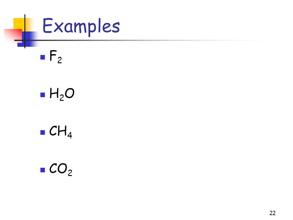 22 Examples F 2 H 2 O CH 4 CO 2