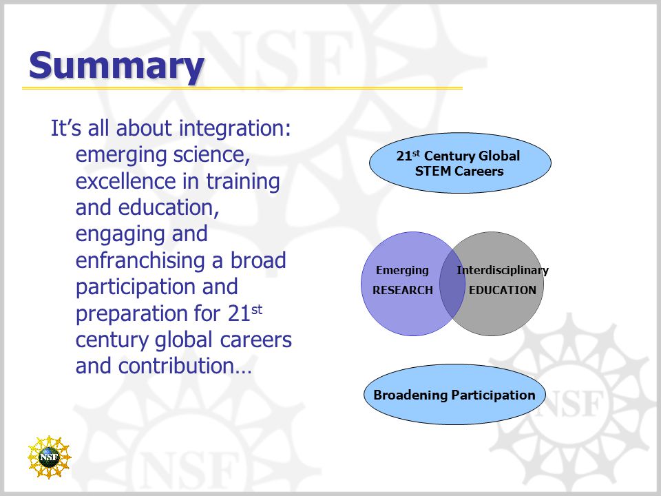 Summary It’s all about integration: emerging science, excellence in training and education, engaging and enfranchising a broad participation and preparation for 21 st century global careers and contribution… Emerging RESEARCH Interdisciplinary EDUCATION Broadening Participation 21 st Century Global STEM Careers