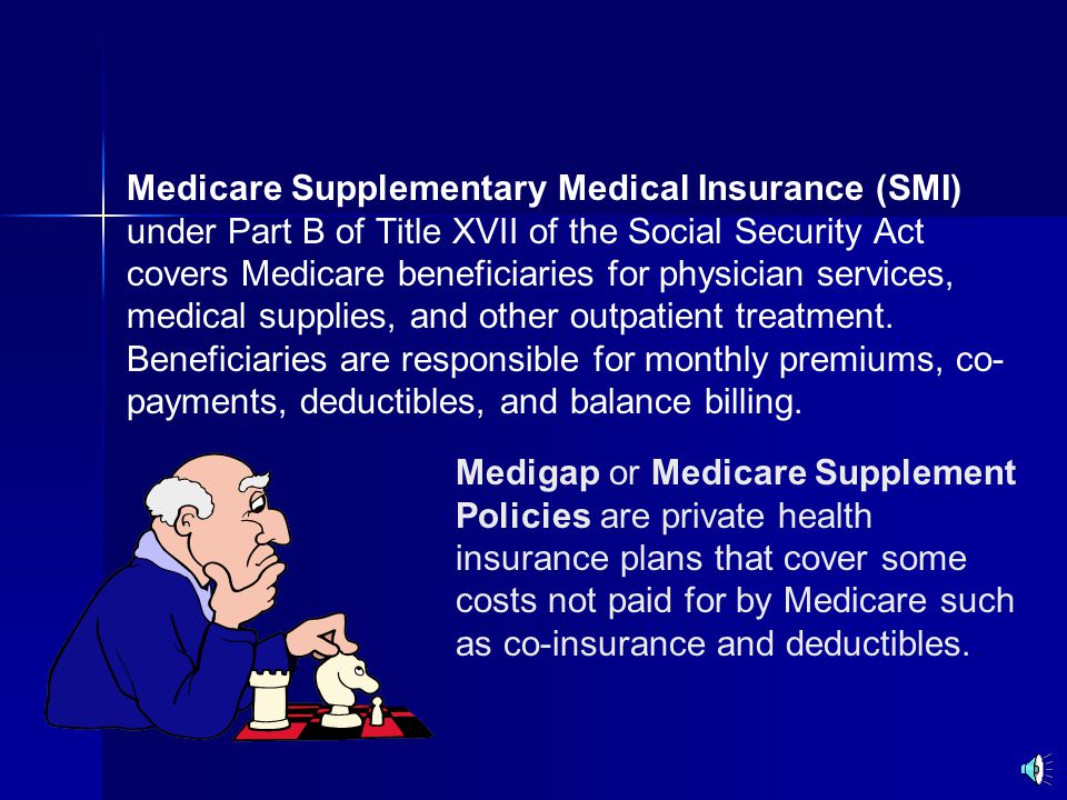 Medicare Supplementary Medical Insurance (SMI) under Part B of Title XVII of the Social Security Act covers Medicare beneficiaries for physician services, medical supplies, and other outpatient treatment.
