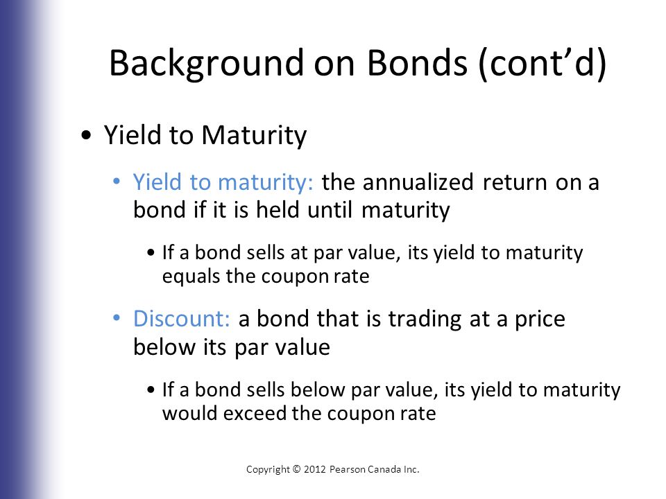 Background on Bonds (cont’d) Yield to Maturity Yield to maturity: the annualized return on a bond if it is held until maturity If a bond sells at par value, its yield to maturity equals the coupon rate Discount: a bond that is trading at a price below its par value If a bond sells below par value, its yield to maturity would exceed the coupon rate Copyright © 2012 Pearson Canada Inc.