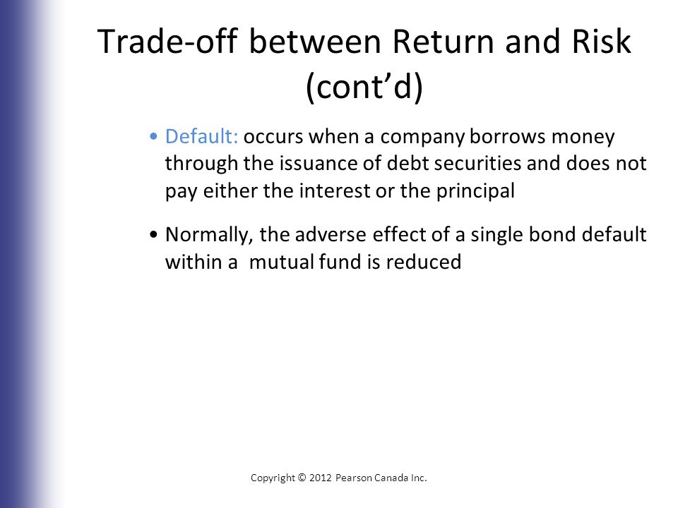 Trade-off between Return and Risk (cont’d) Default: occurs when a company borrows money through the issuance of debt securities and does not pay either the interest or the principal Normally, the adverse effect of a single bond default within a mutual fund is reduced Copyright © 2012 Pearson Canada Inc.