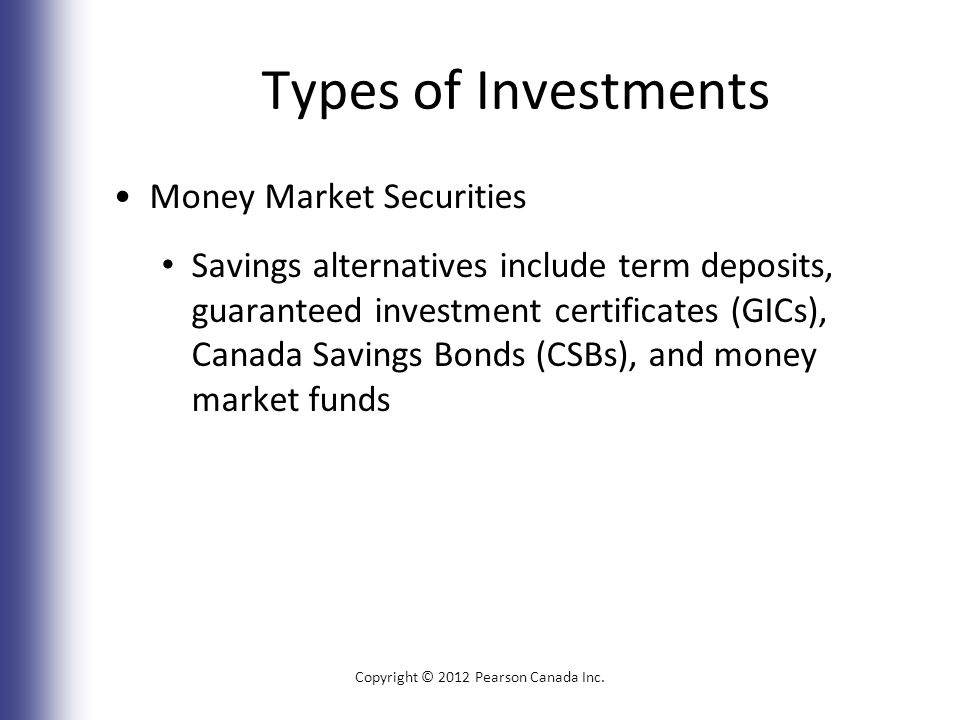 Types of Investments Money Market Securities Savings alternatives include term deposits, guaranteed investment certificates (GICs), Canada Savings Bonds (CSBs), and money market funds Copyright © 2012 Pearson Canada Inc.