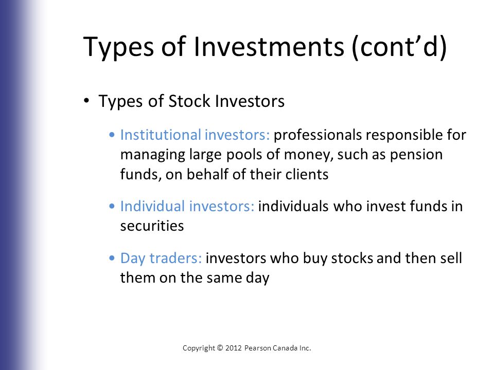 Types of Investments (cont’d) Types of Stock Investors Institutional investors: professionals responsible for managing large pools of money, such as pension funds, on behalf of their clients Individual investors: individuals who invest funds in securities Day traders: investors who buy stocks and then sell them on the same day Copyright © 2012 Pearson Canada Inc.
