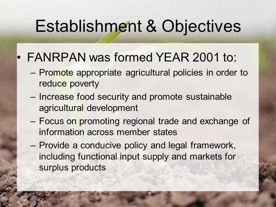 Establishment & Objectives FANRPAN was formed YEAR 2001 to: –Promote appropriate agricultural policies in order to reduce poverty –Increase food security and promote sustainable agricultural development –Focus on promoting regional trade and exchange of information across member states –Provide a conducive policy and legal framework, including functional input supply and markets for surplus products