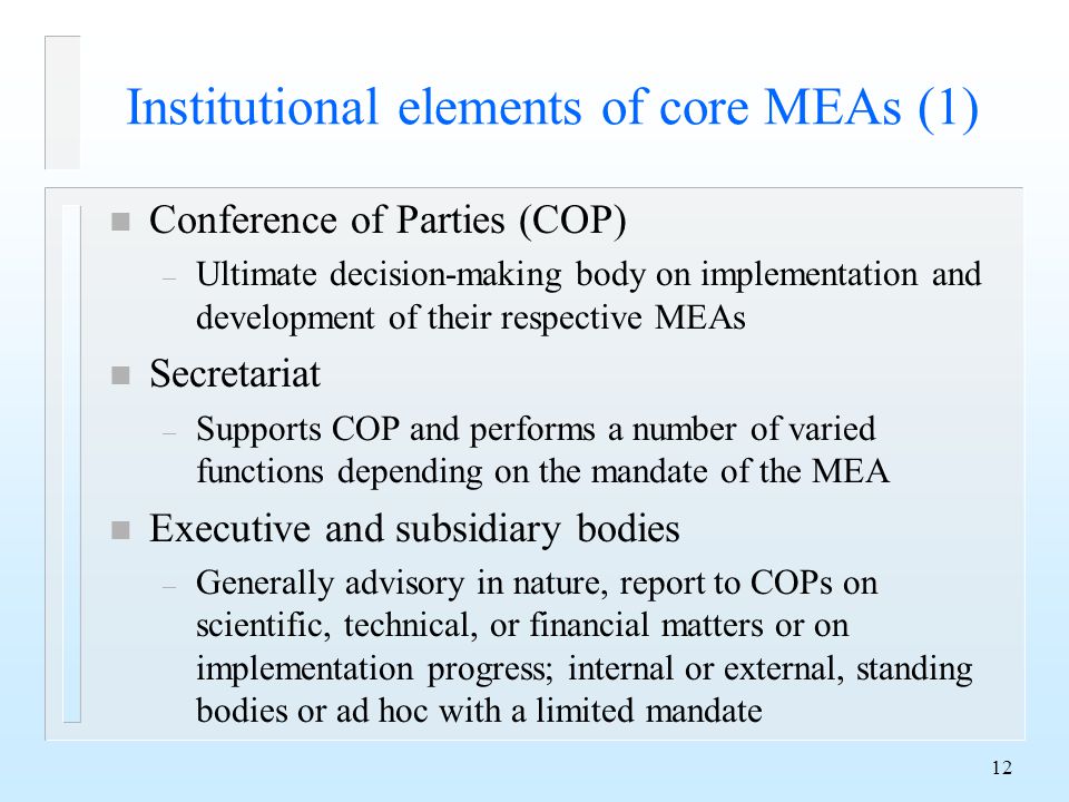 12 Institutional elements of core MEAs (1) n Conference of Parties (COP) – Ultimate decision-making body on implementation and development of their respective MEAs n Secretariat – Supports COP and performs a number of varied functions depending on the mandate of the MEA n Executive and subsidiary bodies – Generally advisory in nature, report to COPs on scientific, technical, or financial matters or on implementation progress; internal or external, standing bodies or ad hoc with a limited mandate