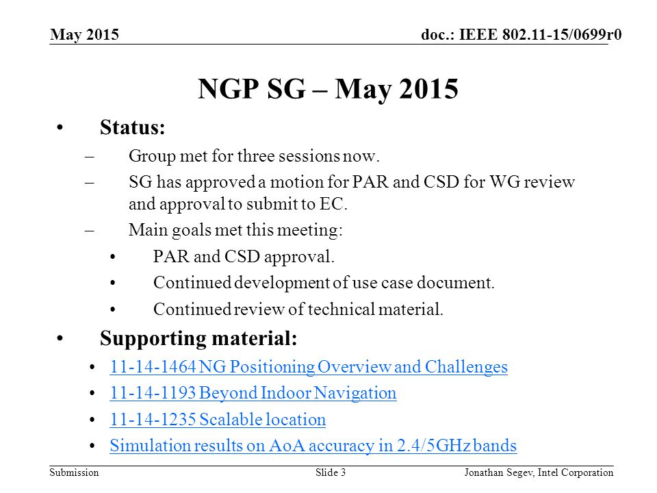 doc.: IEEE /0699r0 Submission NGP SG – May 2015 Status: –Group met for three sessions now.