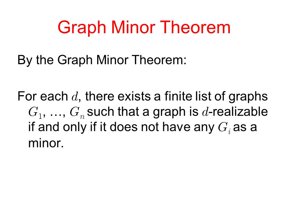 Graph Minor Theorem By the Graph Minor Theorem: For each , there exists a finite list of graphs  , …,   such that a graph is  -realizable if and only if it does not have any   as a minor.