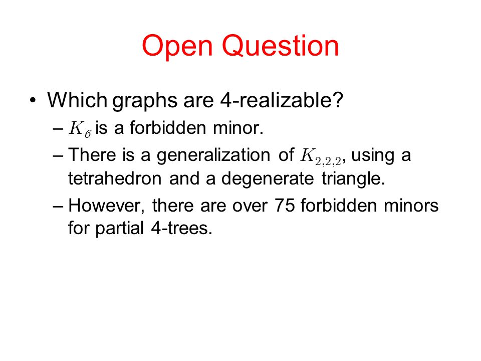 Open Question Which graphs are 4-realizable. –   is a forbidden minor.