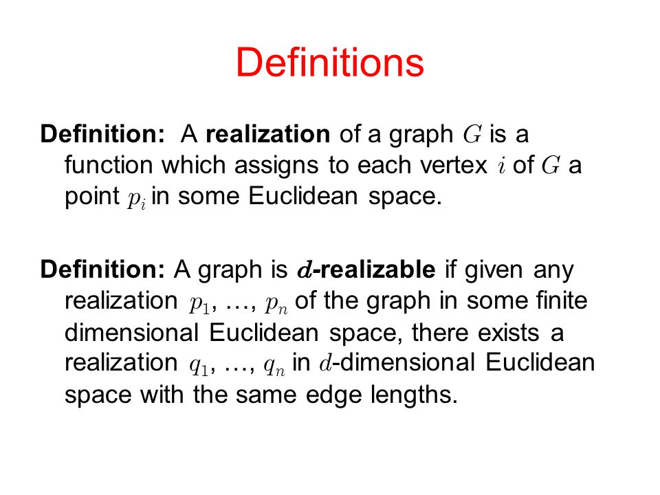 Definitions Definition: A realization of a graph  is a function which assigns to each vertex  of  a point   in some Euclidean space.
