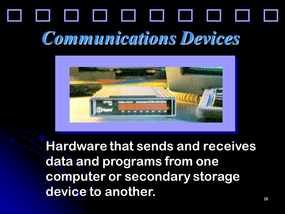 28 Communications Devices Hardware that sends and receives data and programs from one computer or secondary storage device to another.