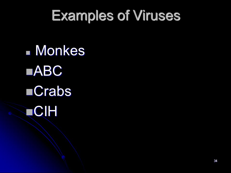 34 Examples of Viruses n Monkes n ABC n Crabs n CIH