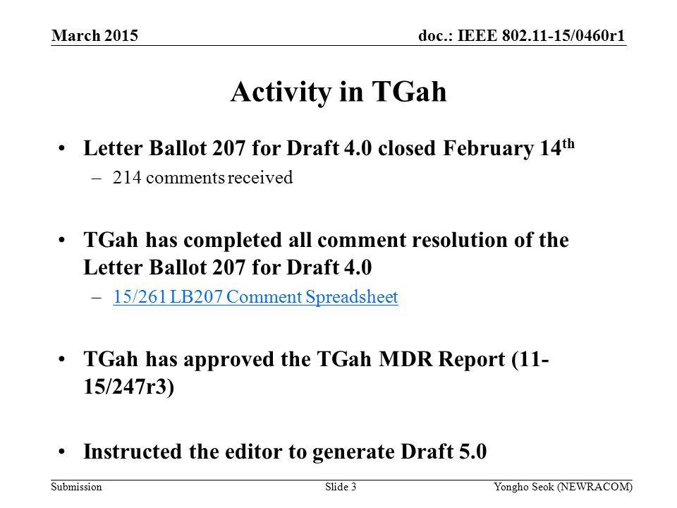 doc.: IEEE /0460r1 Submission Activity in TGah Letter Ballot 207 for Draft 4.0 closed February 14 th –214 comments received TGah has completed all comment resolution of the Letter Ballot 207 for Draft 4.0 –15/261 LB207 Comment Spreadsheet15/261 LB207 Comment Spreadsheet TGah has approved the TGah MDR Report (11- 15/247r3) Instructed the editor to generate Draft 5.0 March 2015 Slide 3Yongho Seok (NEWRACOM)