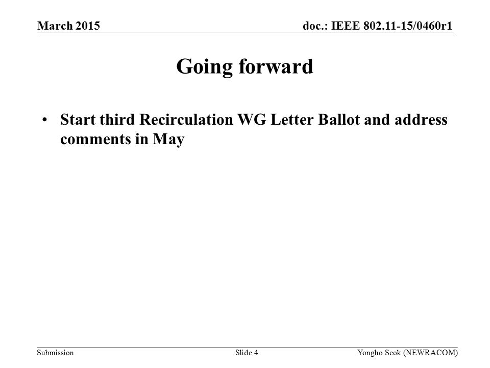 doc.: IEEE /0460r1 Submission Going forward Start third Recirculation WG Letter Ballot and address comments in May March 2015 Slide 4Yongho Seok (NEWRACOM)