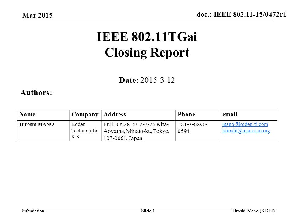 doc.: IEEE /0472r1 Submission IEEE TGai Closing Report Date: Authors: NameCompanyAddressPhone Hiroshi MANOKoden Techno Info K.K.