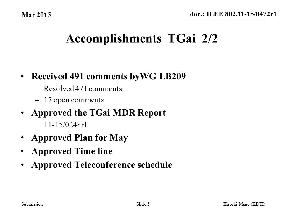 doc.: IEEE /0472r1 Submission Accomplishments TGai 2/2 Received 491 comments byWG LB209 –Resolved 471 comments –17 open comments Approved the TGai MDR Report –11-15/0248r1 Approved Plan for May Approved Time line Approved Teleconference schedule Mar 2015 Hiroshi Mano (KDTI)Slide 5