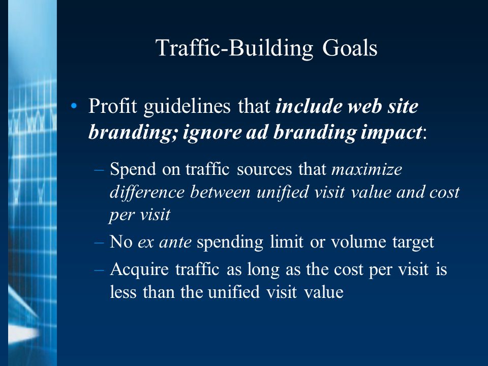 Traffic-Building Goals Profit guidelines that include web site branding; ignore ad branding impact: –Spend on traffic sources that maximize difference between unified visit value and cost per visit –No ex ante spending limit or volume target –Acquire traffic as long as the cost per visit is less than the unified visit value