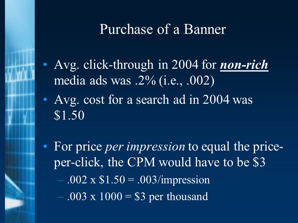 Purchase of a Banner Avg. click-through in 2004 for non-rich media ads was.2% (i.e.,.002) Avg.