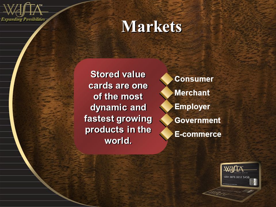 Expanding Possibilities Markets Stored value cards are one of the most dynamic and fastest growing products in the world.