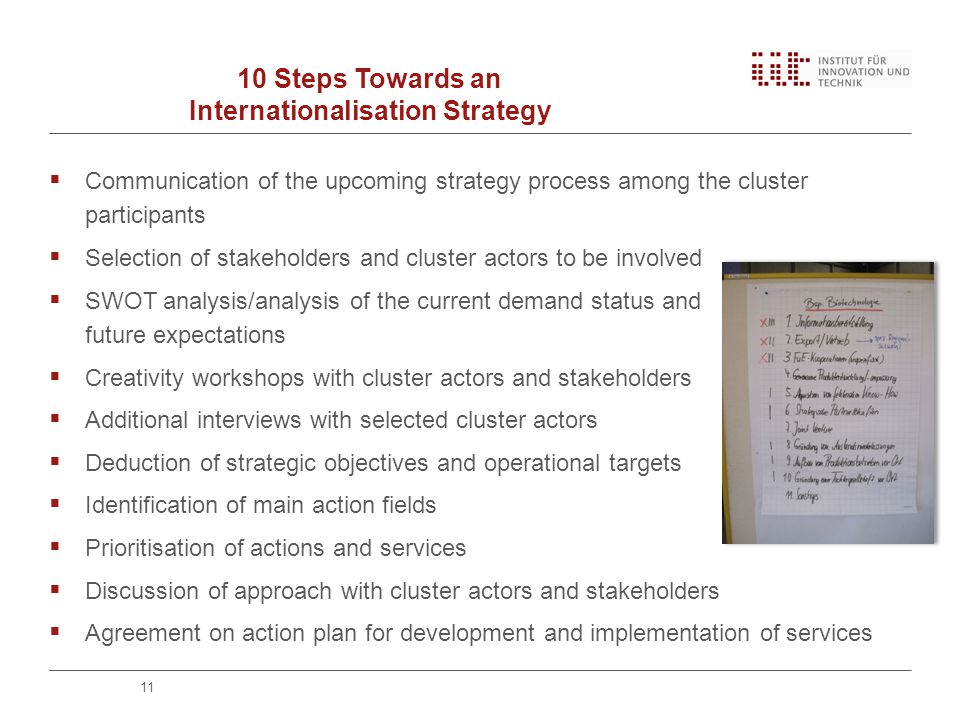 10 Steps Towards an Internationalisation Strategy  Communication of the upcoming strategy process among the cluster participants  Selection of stakeholders and cluster actors to be involved  SWOT analysis/analysis of the current demand status and future expectations  Creativity workshops with cluster actors and stakeholders  Additional interviews with selected cluster actors  Deduction of strategic objectives and operational targets  Identification of main action fields  Prioritisation of actions and services  Discussion of approach with cluster actors and stakeholders  Agreement on action plan for development and implementation of services 11