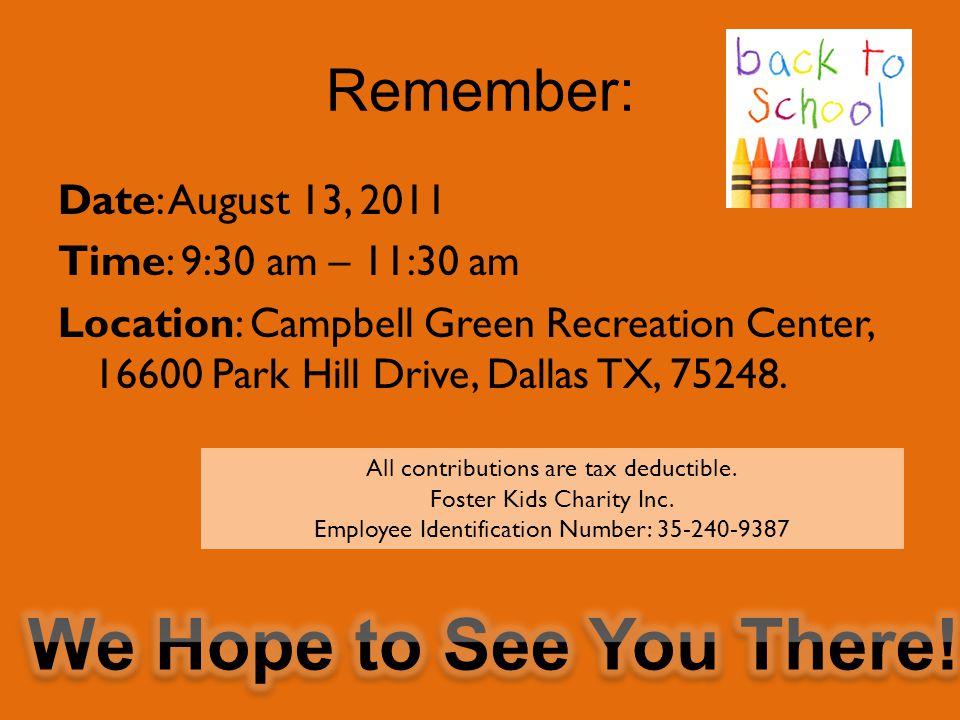 Date: August 13, 2011 Time: 9:30 am – 11:30 am Location: Campbell Green Recreation Center, Park Hill Drive, Dallas TX,