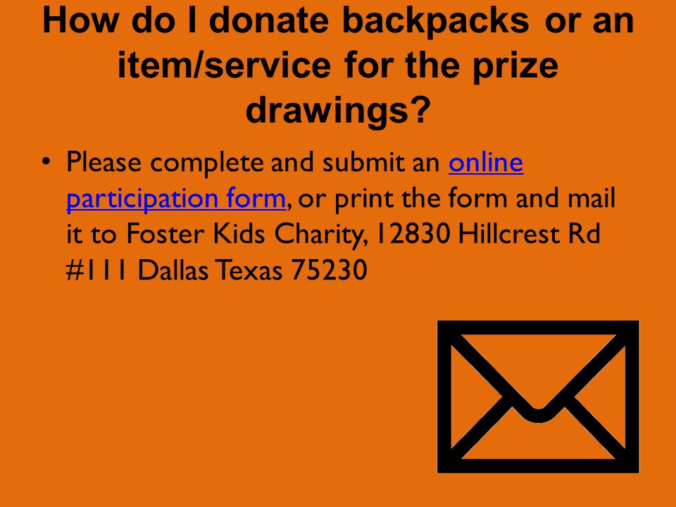 How do I donate backpacks or an item/service for the prize drawings.