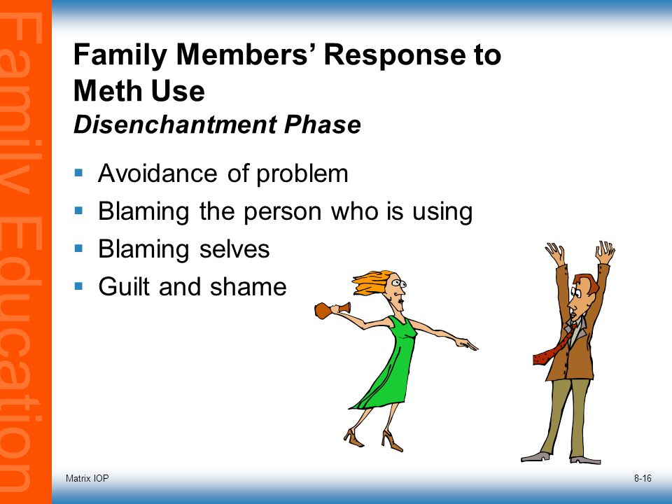 Family Education Matrix IOP8-16 Family Members’ Response to Meth Use Disenchantment Phase  Avoidance of problem  Blaming the person who is using  Blaming selves  Guilt and shame