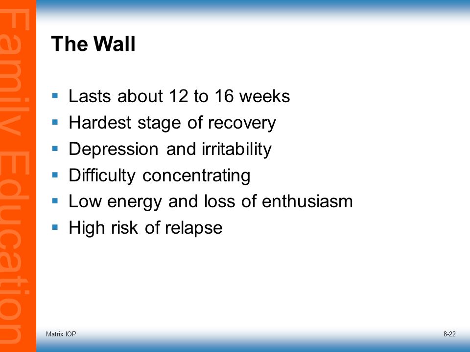 Family Education Matrix IOP8-22 The Wall  Lasts about 12 to 16 weeks  Hardest stage of recovery  Depression and irritability  Difficulty concentrating  Low energy and loss of enthusiasm  High risk of relapse
