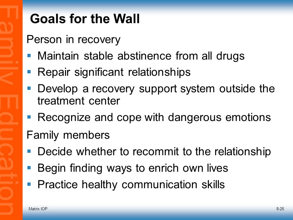 Family Education Matrix IOP8-26 Goals for the Wall Person in recovery  Maintain stable abstinence from all drugs  Repair significant relationships  Develop a recovery support system outside the treatment center  Recognize and cope with dangerous emotions Family members  Decide whether to recommit to the relationship  Begin finding ways to enrich own lives  Practice healthy communication skills
