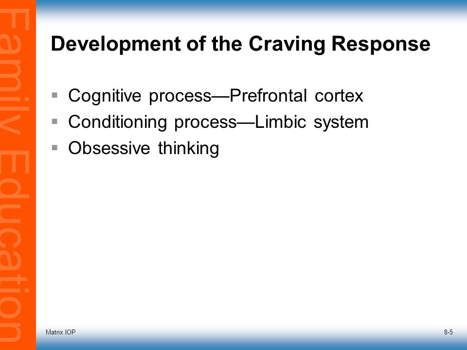 Family Education Development of the Craving Response  Cognitive process—Prefrontal cortex  Conditioning process—Limbic system  Obsessive thinking Matrix IOP8-5