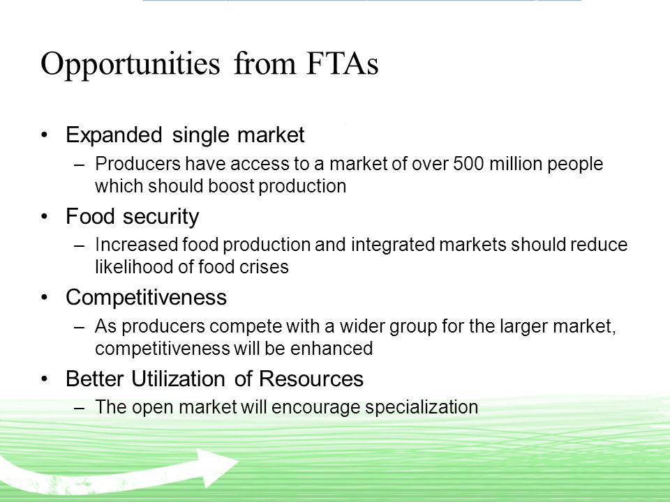 Opportunities from FTAs Expanded single market –Producers have access to a market of over 500 million people which should boost production Food security –Increased food production and integrated markets should reduce likelihood of food crises Competitiveness –As producers compete with a wider group for the larger market, competitiveness will be enhanced Better Utilization of Resources –The open market will encourage specialization