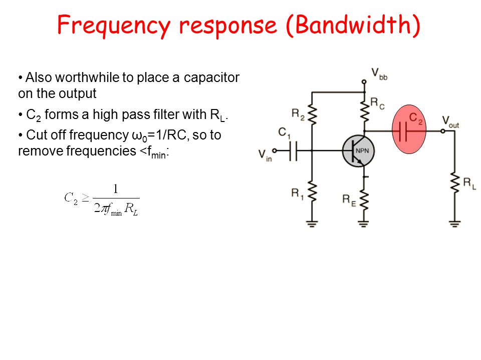 Frequency response (Bandwidth) Also worthwhile to place a capacitor on the output C 2 forms a high pass filter with R L.