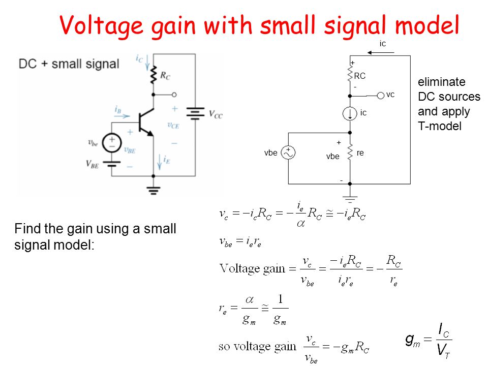 Voltage gain with small signal model Find the gain using a small signal model: vbe ic re RC ic vc eliminate DC sources and apply T-model