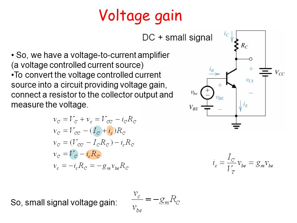 Voltage gain So, we have a voltage-to-current amplifier (a voltage controlled current source) To convert the voltage controlled current source into a circuit providing voltage gain, connect a resistor to the collector output and measure the voltage.