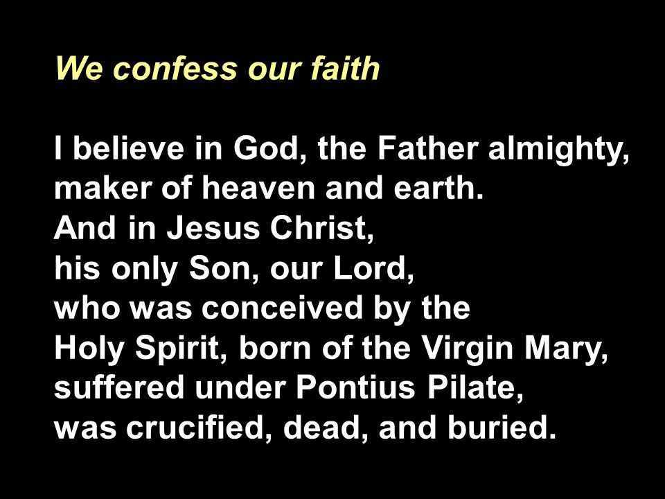We confess our faith I believe in God, the Father almighty, maker of heaven and earth.