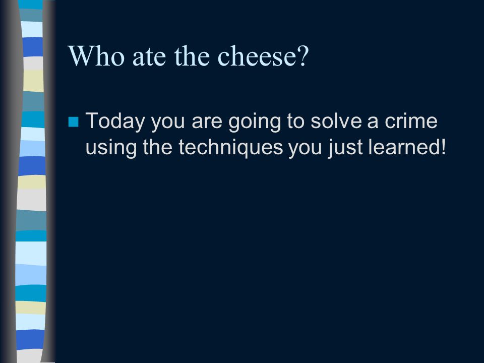 Who ate the cheese Today you are going to solve a crime using the techniques you just learned!