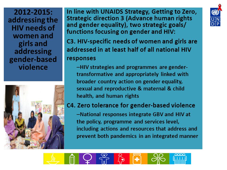: addressing the HIV needs of women and girls and addressing gender-based violence In line with UNAIDS Strategy, Getting to Zero, Strategic direction 3 (Advance human rights and gender equality), two strategic goals/ functions focusing on gender and HIV: C3.