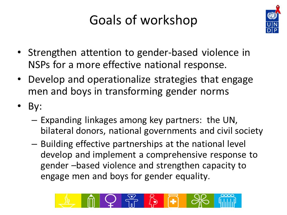 Goals of workshop Strengthen attention to gender-based violence in NSPs for a more effective national response.